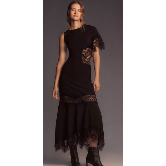NWT Anthropologie HUTCH Asymmetrical Lac Mix Slip Dress Black Sz M $228 - Picture 1 of 9